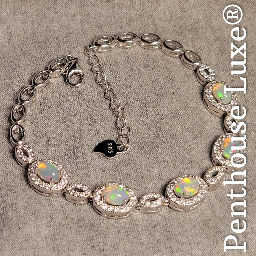 REAL Natural Opal Oval 925 Sterling Silver Bracelet - Picture 6 of 7